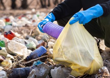 Man in gloves collecting scattered plastic bottles from the ground in the nature